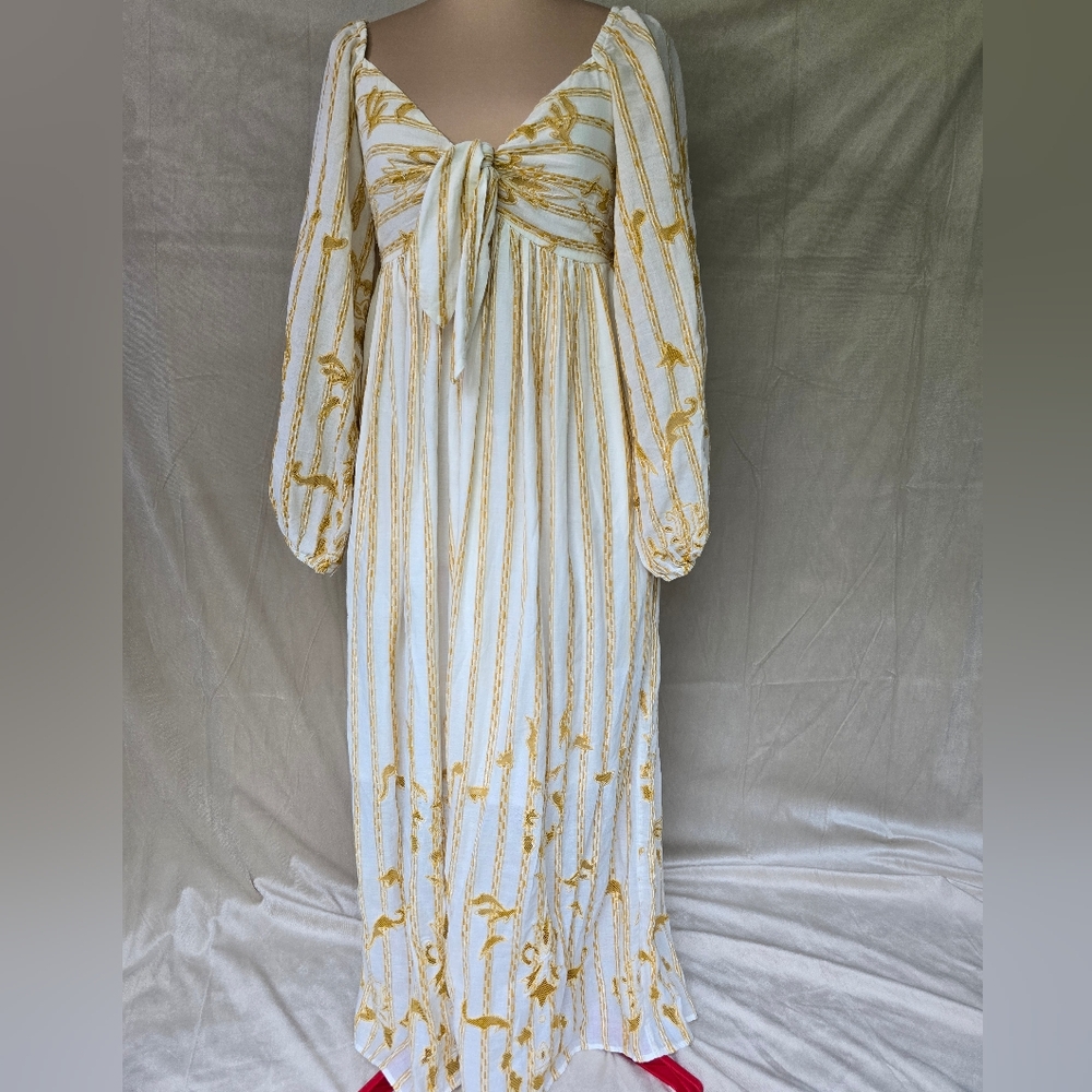 Anthropologie White And Gold Embroidered Sweetheart Maxi - S Dress With Pockets